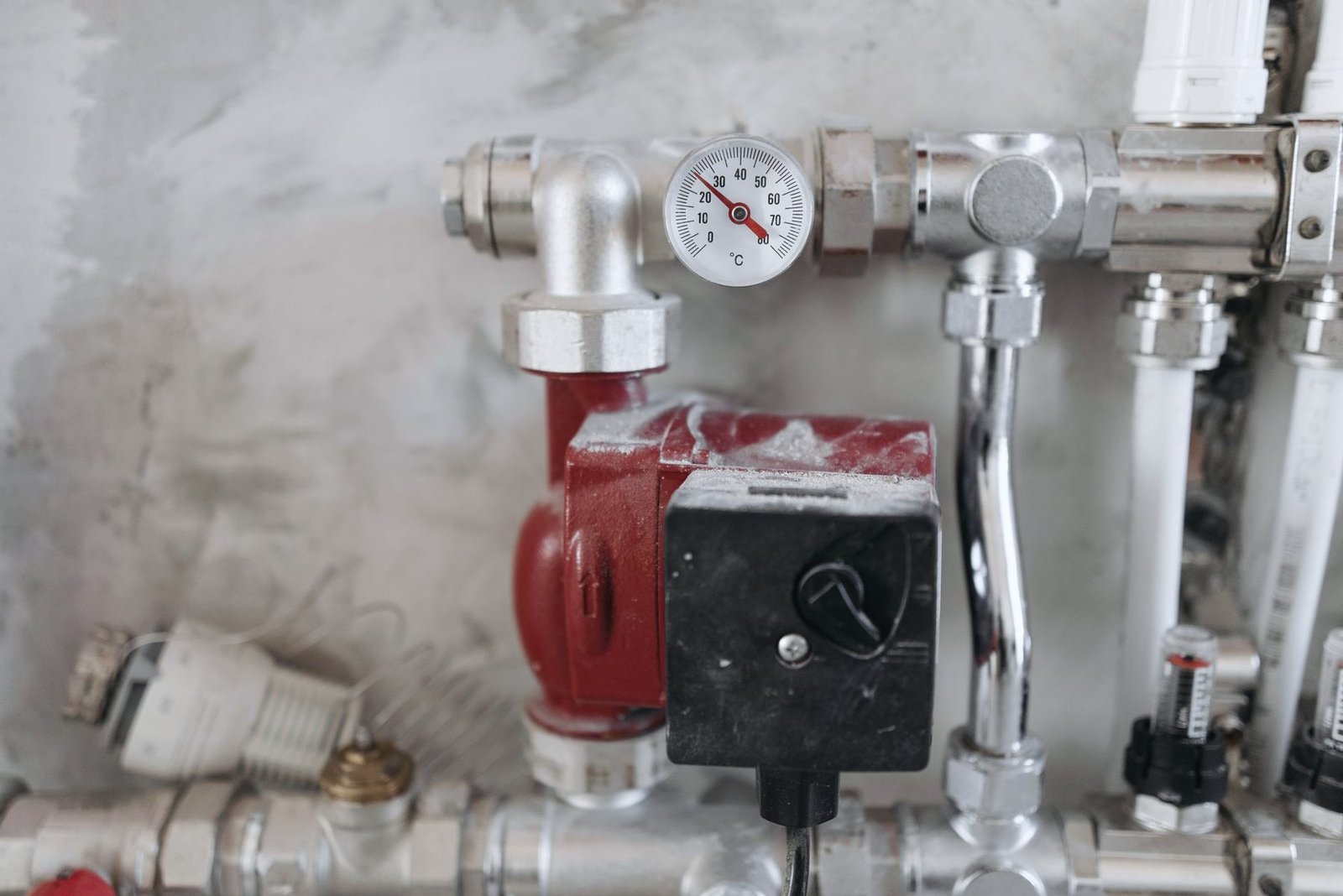 Close view of a red circulator pump, chrome valves and a temperature gauge on a plaster wall